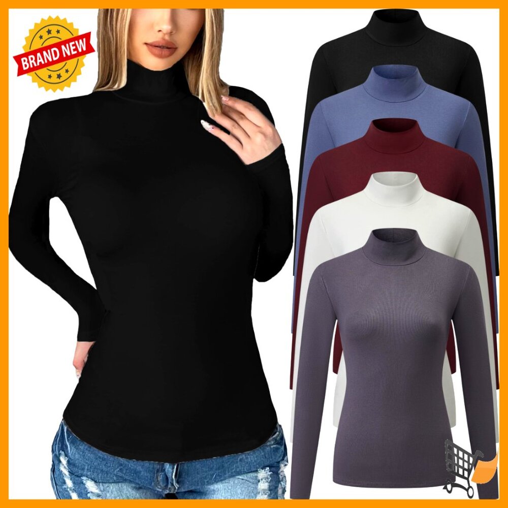 Long Sleeve Mock Turtleneck Tops Stretch Fit Thermal Basic Tee Chic Minimal